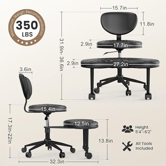 Cross Legged Office Chair, Ergonomic Criss Cross Design, Wide Comfy Desk Seat, ADHD Meditation Chair with Wheels, Adjustable Height Kneeling Chair with Back Support