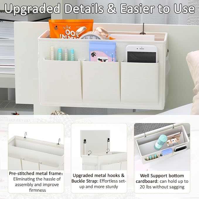 Bedside Caddy Storage Organizer for Bed Rails, Bed Caddy with 6 Pockets | Bedside Organizer with Fixed Straps and Hooks, Mattress Supported Versatile for Home, Dorm, Bunk, Hospital and Crib Bed