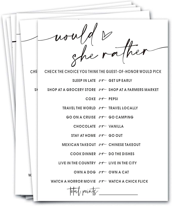 Wedding Shower Games Cards, Would She Rather Bridal Shower Game for 25 Guests, Engagement Party Wedding Games for Guests, Minimalist White Wedding Party Supplies - A11