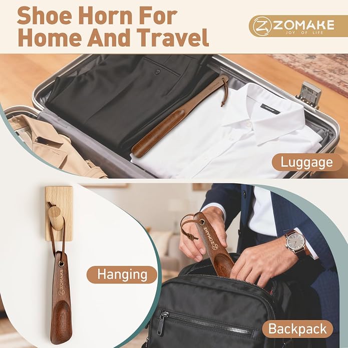 ZOMAKE Wooden Shoe Horn Long Handle for Men Women 15.7" 13.8" | Long Shoehorn Boot Horn for Seniors, Sturdy Wooden, Shoes Protection, No Bend Over, Easy Shoe Wear for Home Office Use