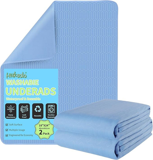 Washable Incontinence Underpads – 2 Pack Heavy Absorbency Leakproof Bed Pads, 18" x 24" Reusable Bed Protector for Adults & Kids – Durable Encased Edge (Blue)