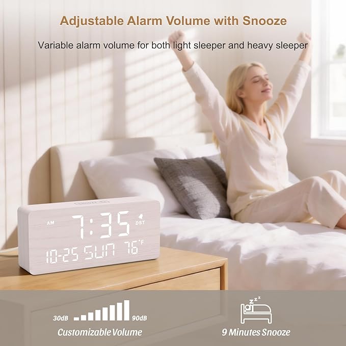 DreamSky Wooden Digital Alarm Clocks for Bedrooms with Date & Day of Week | Living Room Desk Clock, Temperature, USB Port, Dimmer Wheel, Adjustable Volume, Auto DST, Office Wood Decor (Plug-in)