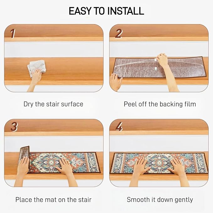 GIB Stair Treads for Wooden Steps Indoor, 15 Pack 8" X 30" Non Slip Carpet Stair Treads with Reusable Adhesive for Kids Elders and Dogs, Boho Vintage Oriental Stair Runner
