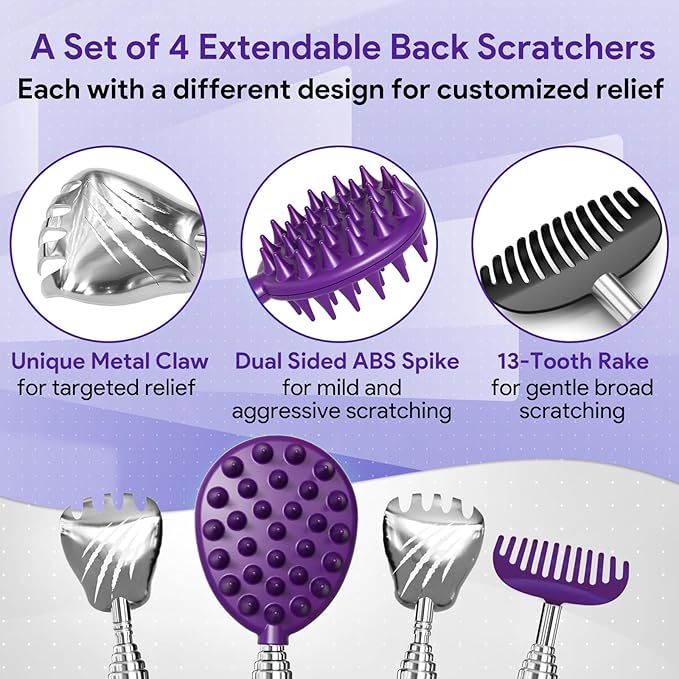 Gumry Versatile Back Scratcher, Valentines Day Gifts for Him, Birthday Gifts for Men, Women, Him, Her, Dad, Portable Telescoping with Different Heads and Rubber Handle - Purple