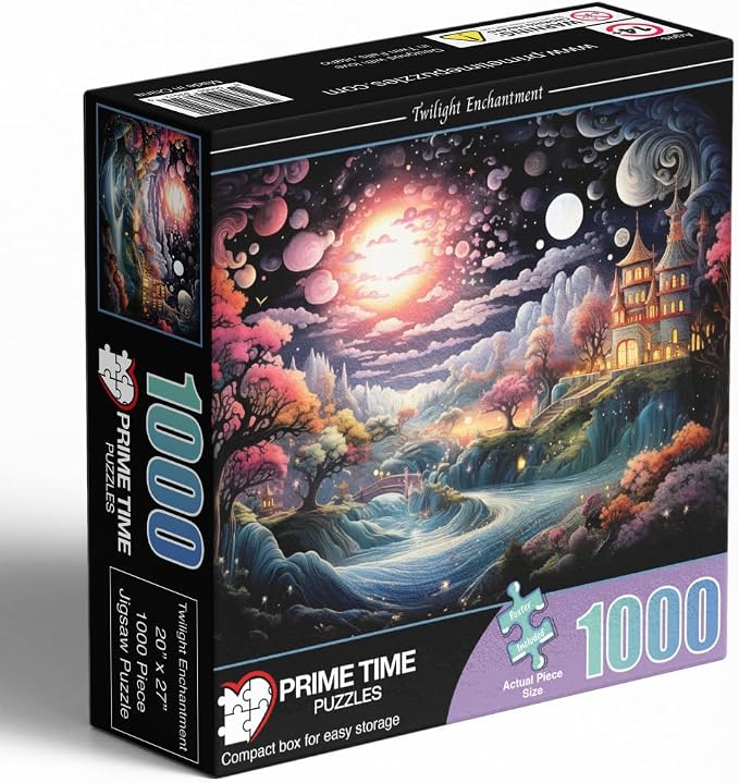 Adult Jigsaw Puzzle 1000 Piece Magic River | Twilight Enchantment design features a colorful mansion scene. — Great for game nights on a table, puzzleboard, or floor.