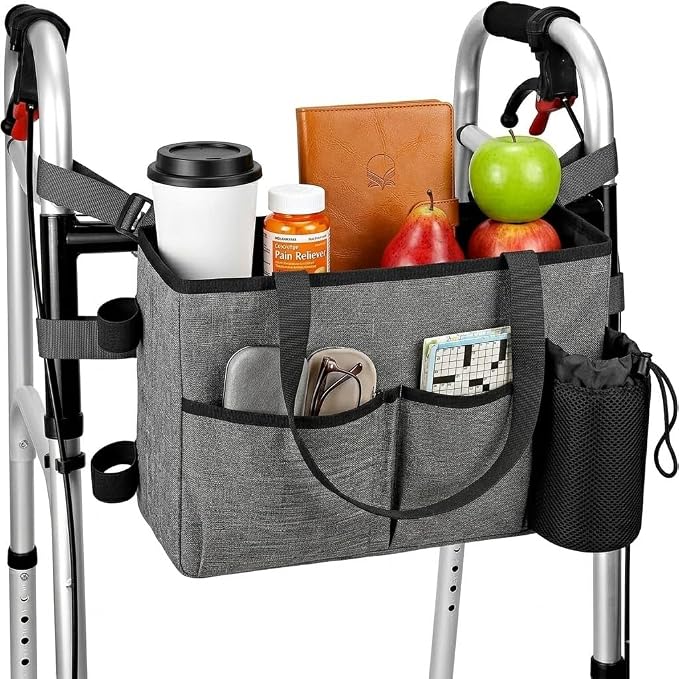 Walker Bag with Cup Holder & Multiple Pockets – Large Capacity Folding Walker Organizer, Caddy with Side Bottle Pocket & Carry Handles – Walker Accessories for Seniors & Elderly (Gray)