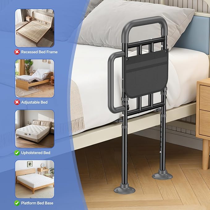 Bed Rails for Elderly Adults Safety with Non-Slip Handle，Adjustable Bed Assist Rail, ASTM Approved, 400 lb Capacity, Fixing Strap & Storage Pocket, Fits Twin/Full/Queen/King