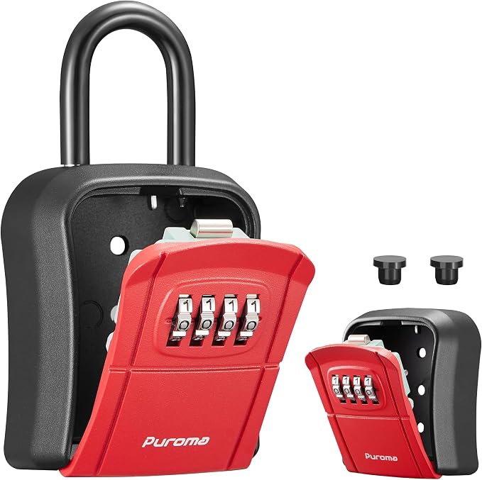 Puroma Key Lock Box Outdoor 4 Digit Code Combination Lockbox House, 1 Red | For Contractors Guest Realtor Storage Keys, Portable, Home Wall Mount, Resettable, Combination, Weatherproof, High-capacity