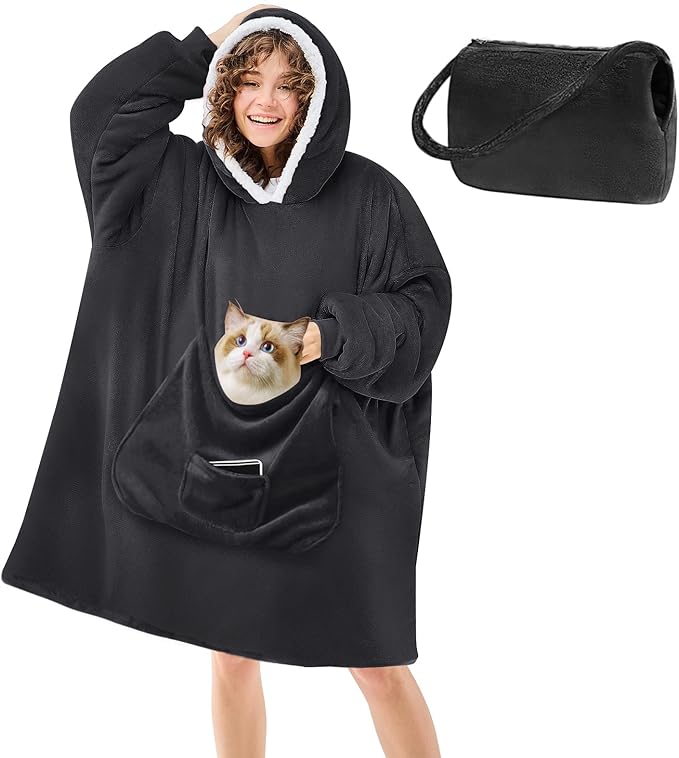 JOYWOO Black Foldable Wearable Blanket Hoodie,Oversized Cat Lovers Sweatshirt Blanket for Adult,Birthday Gifts for Men,Father,Boy,Cozy Fuzzy Sherpa Hooded Blanket with Giant Pocket and Winter Gifts