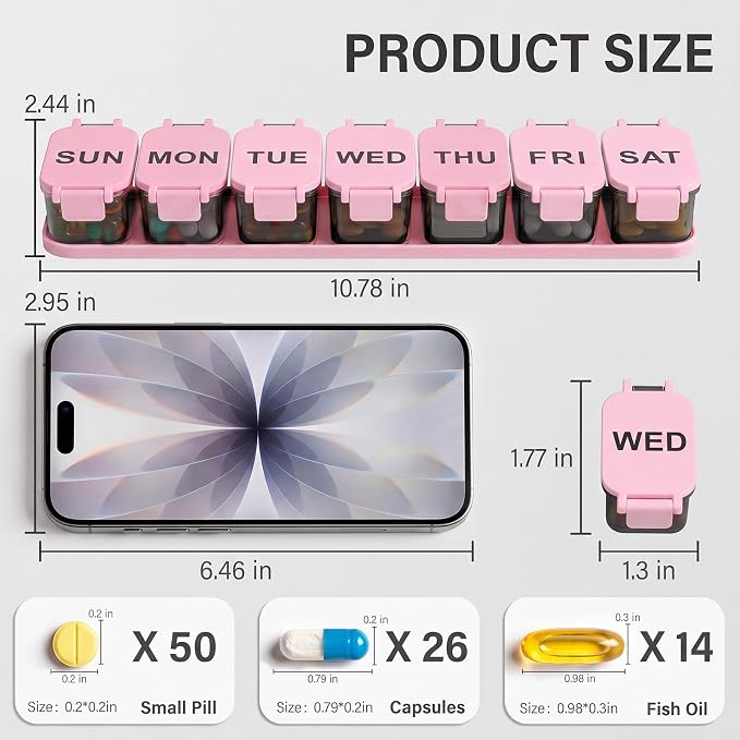 Yaklim Extra Large Weekly Pill Organizer - Waterproof 7-Day Pill Box, Portable Vitamin & Supplement Case, Easy to Open Design, Ideal for Travel and Daily Medication Management (Blackpink)