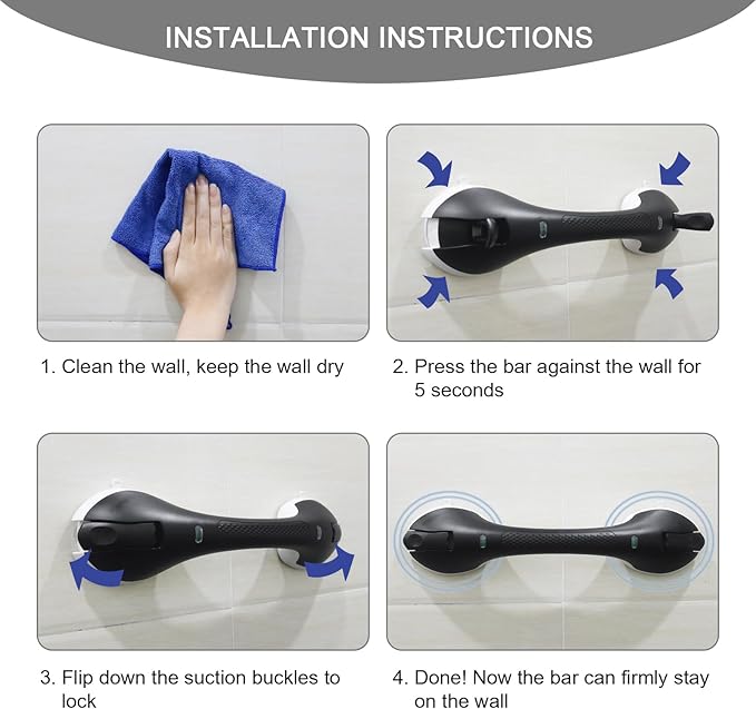 Suction Grab Bar for Shower Bathtub: Upgraded Heavy Duty Non-Slip Grip Handle with Strong Suction Cup for Bathroom Wall, Max Load 269LBS Safety Bar for Elderly Senior