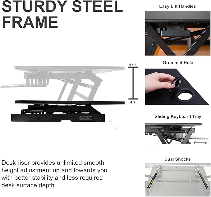 Rocelco 45" Height Adjustable Standing Desk Converter with Anti Fatigue Floor Mat and Slide Out Retractable Keyboard Tray - Sit Stand Up Triple Screen Tabletop Riser - Black (R ADRB-45-MAFM)