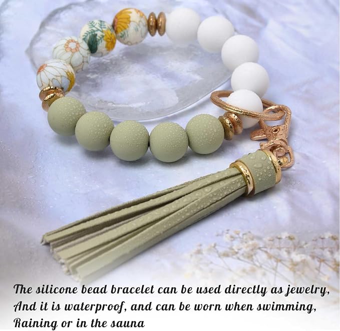 BAOSIWA Silicone Beaded Bracelet Keychain Wristlet Key Ring Bangle Chains for Women with Leather Tassel