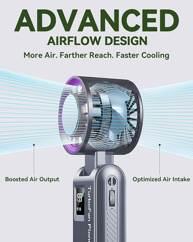 Portable Handheld Fan with Ice Cooling, 7.5m/s High Speed Turbo Fan, 150° Foldable 4-in-1 Personal Neck Fan, 199 Speed Stepless Control, USB-C Rechargeable for Travel, Makeup, Hiking,Grey