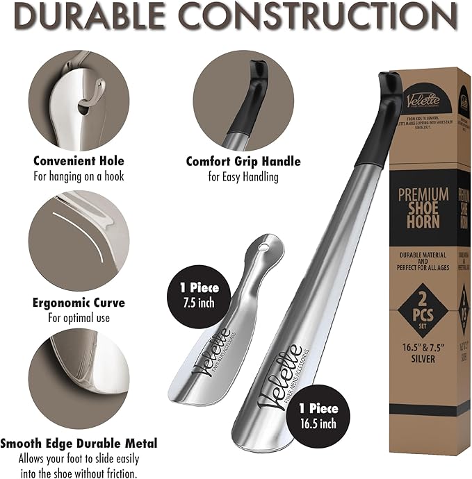 Velette 2 Pack Metal Shoe Horn Long Handle for Seniors - 16.5" Extra Long Shoe Horn for Seniors, 7.5" Travel Shoes Horns for Men, Women, and Kids - Shoehorn Long-Handle, Shoes Spoon, Gifts for Elders