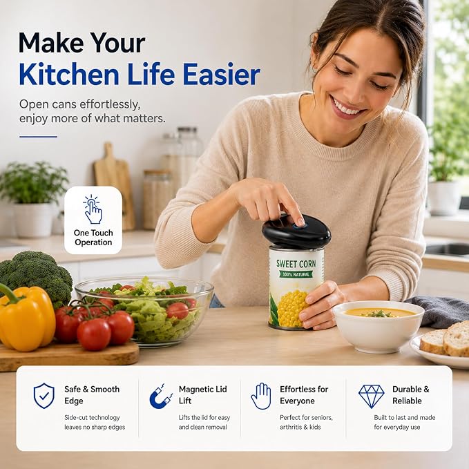 Electric Can Opener for Seniors, One-Touch Battery Operated, Smooth Edges | Fits most round cans with hands-free operation. Easy for seniors and people with arthritis or limited hand strength.