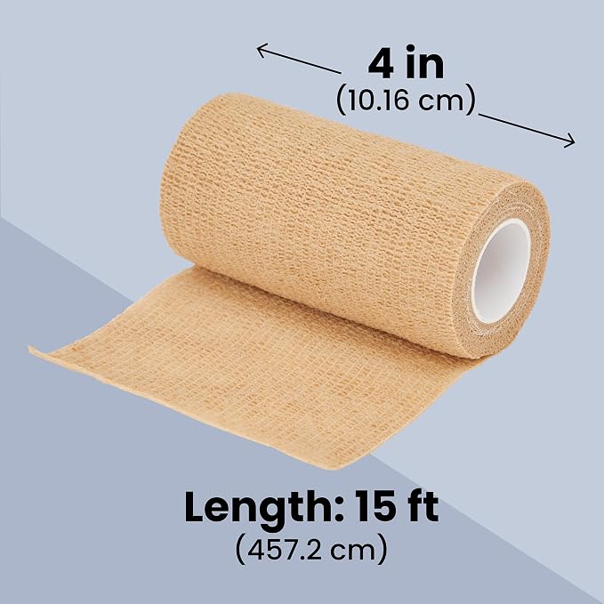 Juvale Bandage Wrap - 4 in x 5 yd, Tan, 6 Rolls - Self Adherent Cohesive Tape & Elastic Support - Breathable Vet Wrap & Medical Tape for Sports & Tattoo (Pack of 2)