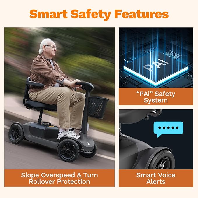 S1 Mobility Scooter for Adults, 4-Wheel Electric Mobility Scooter – 25-Mile Range, 6 mph, Smart Safety Features, Spacious Legroom, Swivel Seat, Headlight & Basket, Charger Included – Dark Gray