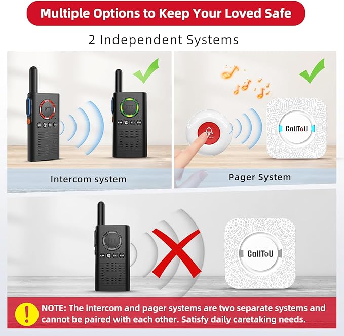 CallToU Caregiver Pager Wireless Alert Button Home Intercom System Long Range 2 Way Radio for Elderly/Patient/Pregnant/Home/Office