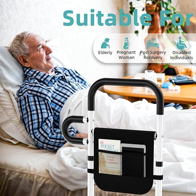 Bed Rails for Elderly Adults Safety - Adjustable Bed Assist Rails for Full Size, Portable Bed Cane for Seniors With Storage Pocket, Hold Up to 330 Lbs, Easy Setup, Bedside Safety and Stability
