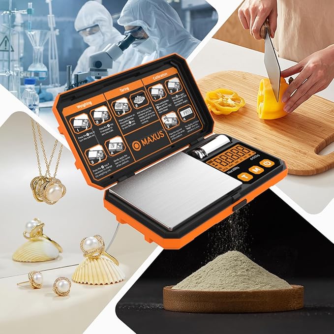 MAXUS Pocket Scale, 200g x 0.01g, with 50g Calibration Weight and USB Cable | Digital Gram Scale, 6 Units, Backlit LCD, Stainless Steel Platform, Rubber Edges, for Jewelry, Coins, Powders, Food or Gems