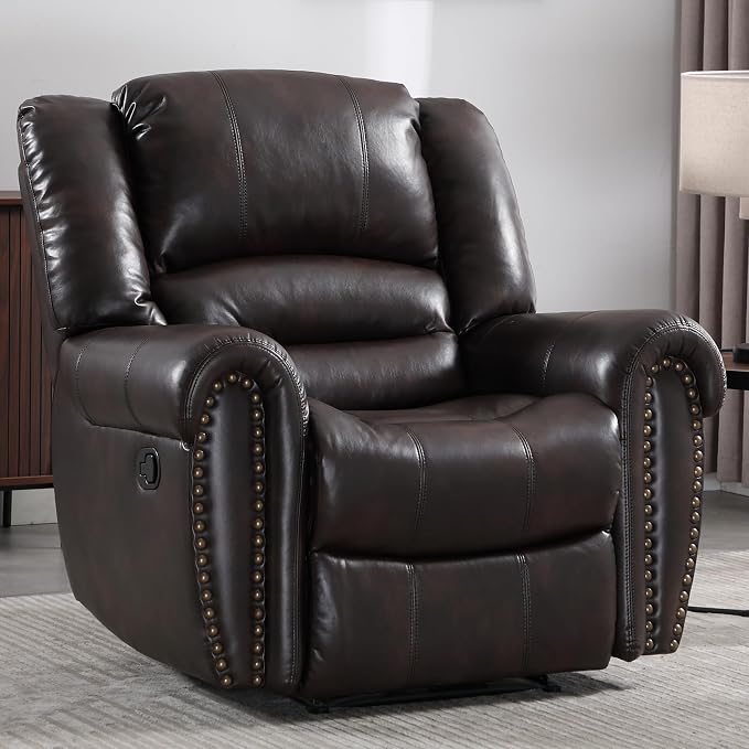Leather Recliner Chair, Classic and Traditional Manual Recliner Chair with Comfortable Arms and Back Single Sofa for Living Room, Dark Brown