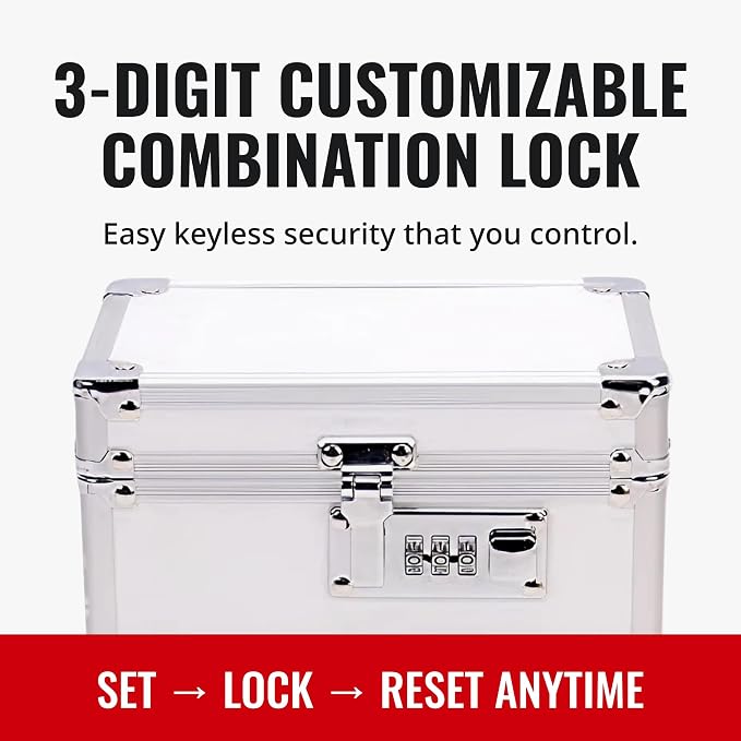 Vaultz Locking Medicine Box with Combination Lock - Secure Metal Lock Box Safe for Medication, Pills & Valuables, Small Lockbox with Code, Portable Storage Case, White