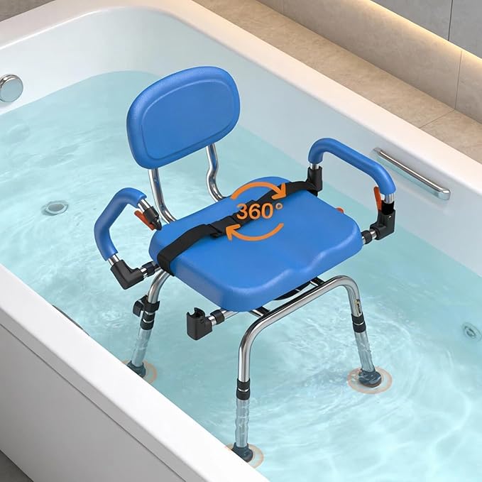 4-in-1 Wide 360° Swivel Shower Chair for Elderly and Disabled, Adjustable Height & Arms Width Padded Shower Chair for Inside Shower & Bathroom Bath Tub, 300lb Capacity Bariatric Shower Seats with Arms