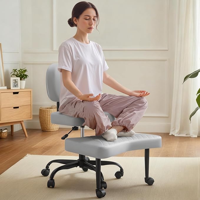 Ergonomic Cross Legged Office Chair with Wheels - Adjustable Height Kneeling Meditation Chairs for ADHD, Yoga & Desk Work - Wide Criss Cross Seat with Lumbar Support, Gray