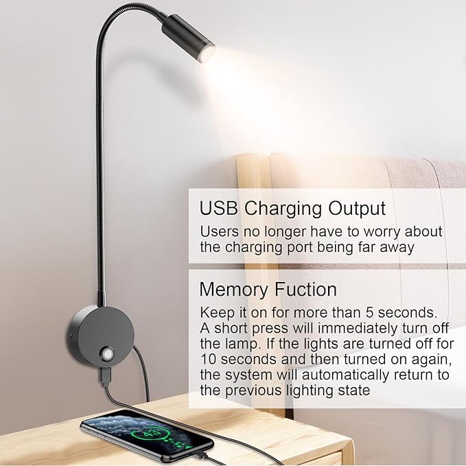 Wall Mounted LED Reading Light with 15" Flexible Gooseneck, Dimmable Book Light for Reading In Bed with USB Charging Port, Plug In Headboard Night Lights, 3 Colors Temperature, Touch Control-2 Pack