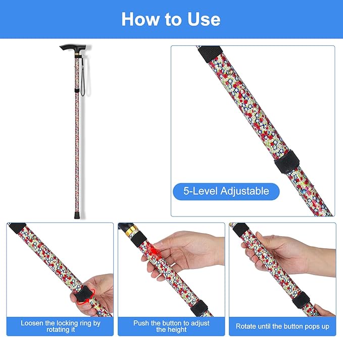 supregear Folding Cane, 5-Level Adjustable Height Walking Stick Lightweight Collapsible Portable Travel Cane with Wrist Strap and T Handle for Elderly Disabled Men Women