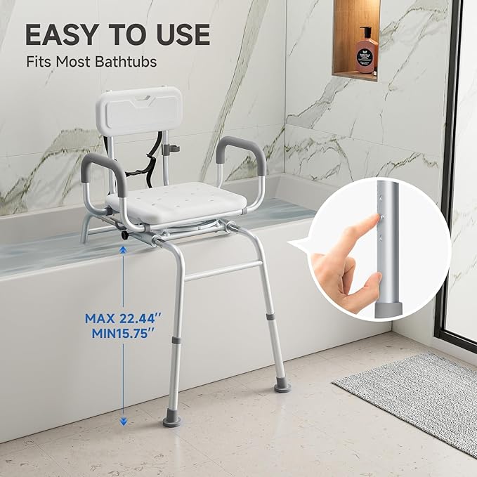 Sliding Shower Chair Tub Transfer Bench with Swivel Seat, Padded Armrest and Backrest, Height Adjustable for Bathtubs, Inside Shower, for Handicap & Seniors，350 Lbs