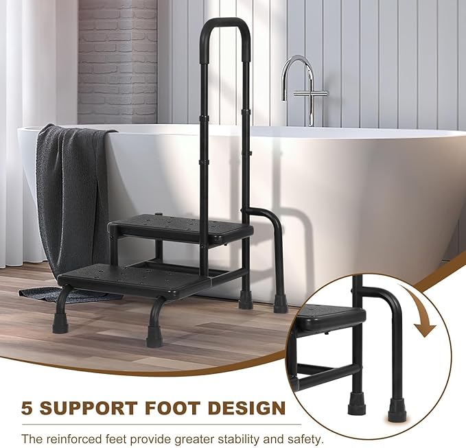 Step Stool with Handle, Heavy Duty 2 Step Stool for Elderly with Adjustable Handrail and Non-Skid Platform, Bed Steps for High Beds for Adults, Seniors, Handicap, Hold up to 400LBS