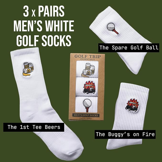 Shanker Golf Socks - Golf Trip Essentials White Socks – 3 Pack, Size 8-13 - Funny White Socks for Men – Perfect Golf Accessories – Funny Golf Gift - Dad, Husband, Boyfriend, Fathers Day