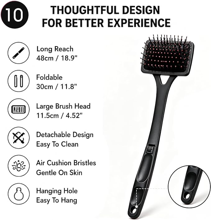 Back Scratcher Extendable Black Folding Handle for Men Women | Long reach folding handle with soft bristles for back shoulders legs and everyday personal care use at home or travel