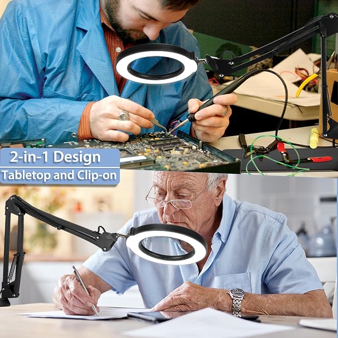 Drdefi 12X Magnifying Glass with Light and Stand, 2-in-1 Magnifying Desk Lamp Rectangular Base & Clamp, 5 Color Modes Stepless Dimmable, LED Lighted Magnifier Hands Free for Painting Sewing Craft