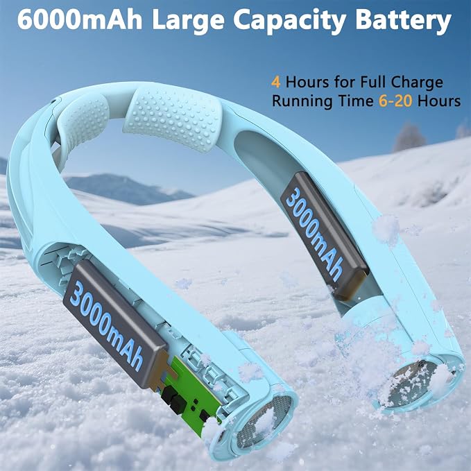 Neck Fan, 6000mAh USB Rechargeable Hands Free Personal Fan, 6 Speeds Adjustable Portable Neck Fans, Faster Cooling Wearable Fan, Ultra Quiet for Outdoor, Travel, Home, Office - Sky Blue