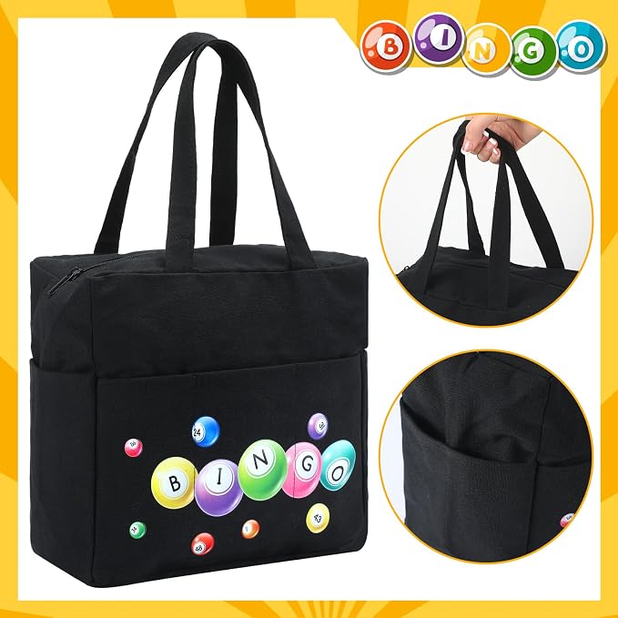 Windyun Bingo Bags Large with 10 Pockets for Daubers Dabbers Dobbers Dotters Zipper Tote Bag Bingo Card Stuff Storage Game Accessories Supplies Gift for Women Adults Seniors Mothers Day(Black)