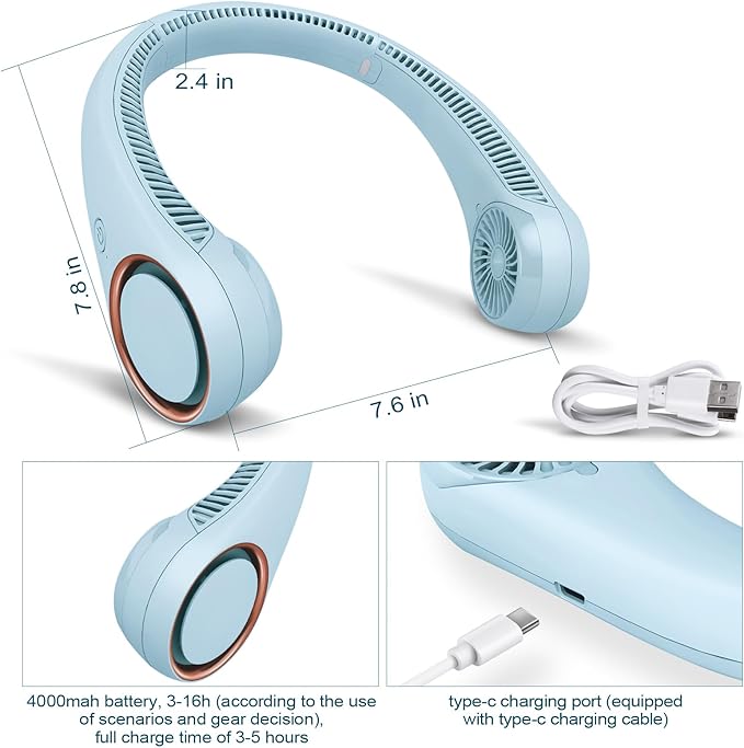CIVPOWER Neck Fan: Portable Personal Neck Cooling Rechargeable Bladeless Fan - Hands Free 3 Speed 4000 mAh Battery USB Operated Wearable Headphone Design - Gift for Men Women Outdoor (Light Blue)