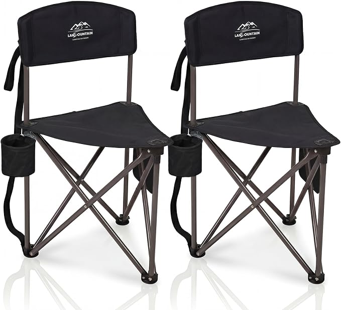 2 Pack Folding Camping Tripod Stool with Backrest & Cup Holder, Lightweight Portable Outdoor Chairs for Adults, Compact 3-Leg Seat for Fishing, Hunting, Hiking & Travel w/Bag - Black