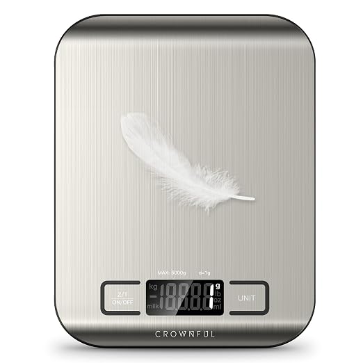 CROWNFUL Food Scale, 11 lb Digital Kitchen Scales with Built-in Coin Battery, Weight Ounces and Grams for Cooking and Baking, 6 Units with Tare Function, LCD Display, 304 Stainless Steel