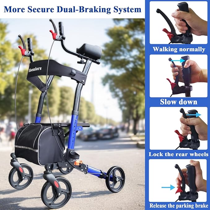 Aliseniors Upright Walker with Seat for Seniors, Extra-Wide Foldable Stand Up Rollator Walker with Padded Armrests, 8" All-Terrain Wheels, Medical Rolling Walkers for Adults, Supports 300lbs, Blue