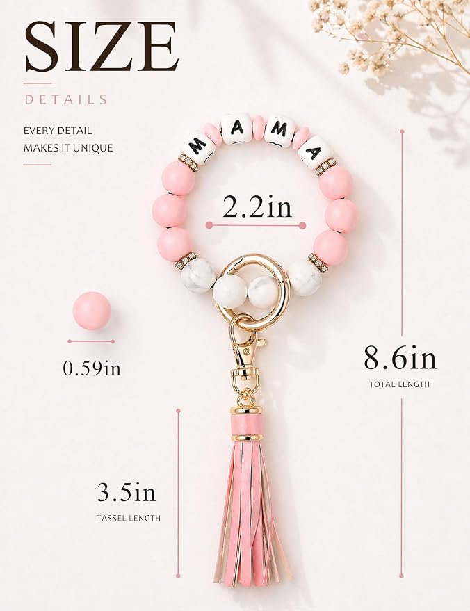 BAOSIWA Silicone Beaded Bracelet Keychain Wristlet Key Ring Bangle Chains for Women with Leather Tassel