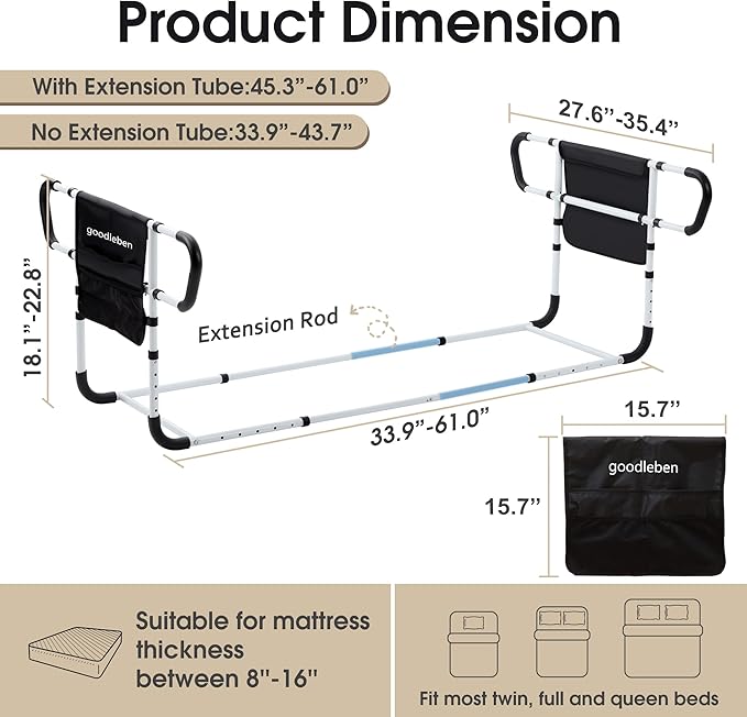 Double Bed Rail for Elderly Adults Safety, Adjustable Bed Assist Rail, Dual Side Bed Rail for Seniors Safety, Under Mattress Bed Guard Rail for Fall Prevention, Fits Twin/Full/Queen Beds