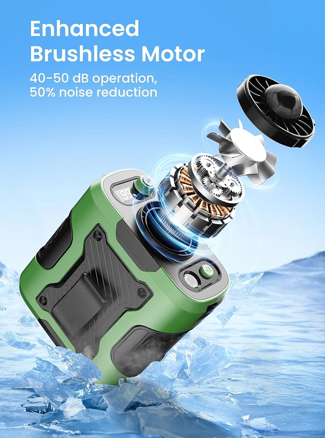 Koonie Waist Clip-on Fan, 100 Levels of Speeds, 24H Use Time, Green | Cool Clip Fan Under Shirt Fan, Rechargeable Battery, Wearable Belt Personal Device for Outdoor Work, Camping, Travel