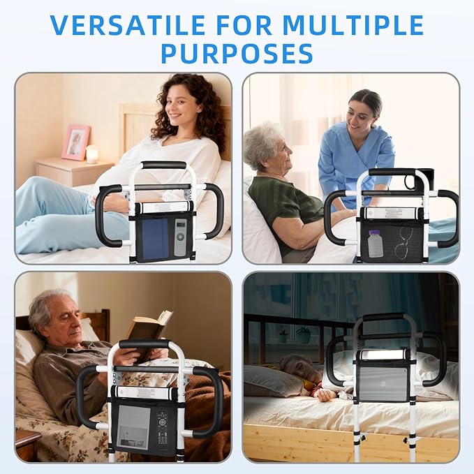 Bed Rails for Elderly Adults Safety with Foldable Tray & Motion Sensor Light, Adjustable Height Bed Assist Bar with 3 Handles, 350 lbs Capacity Bedside Support Rail, Easy to Install