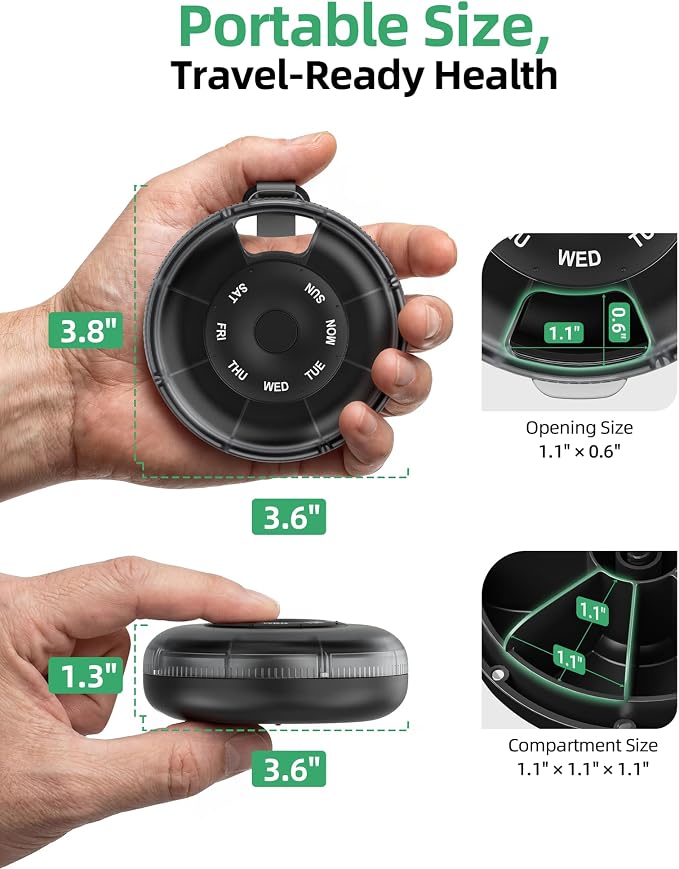 PULIV Portable Weekly Pill Organizer, Magnetic Rotary Design for Easy Use, Small Pill Case with Carry Handle, BPA-Free Travel Pill Box 7 Day for Medications, Vitamins & Supplements
