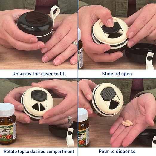 EZY DOSE Mini Pill Organizer, 4-Compartment Vitamin & Medication Case with Screw-Top Secure Seal + Sliding Dispenser, Compact Bottle-Replacement for Purse, Work, Cruise & Travel, Small, Black/Cream