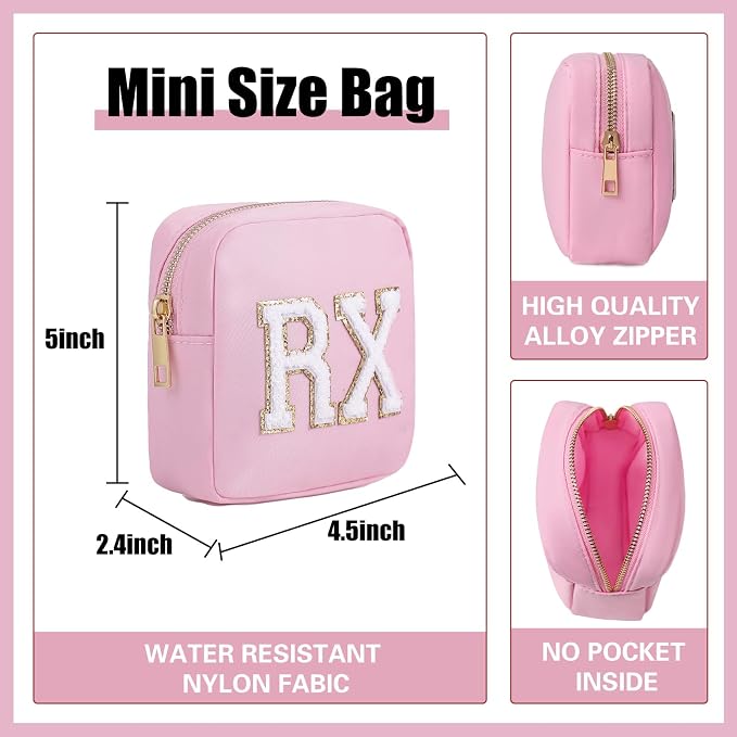 uekeboag Personalized Small Nylon Rx Cosmetic Bag, Cute Chenille Letter Patch Medicine Drug Pouch with Zipper,Preppy Makeup Travel Vitamin Bag for Women and Girls (Light Pink)