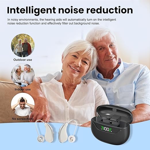 Rechargeable Hearing Aids for Seniors with Noise Reduction|OTC Hearing Aids for People with Mild Moderate Severe Hearing Loss| Automatic Noise Cancelling Comfortable Design and Wear - Black